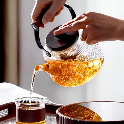 Heat Resistant Borosilicate Glass Teapot Tea Infuser Wooden Handle Kettle 1000ml