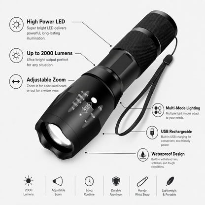 High Power LED Flashlight with Adjustable Zoom and Multi Mode Lighting