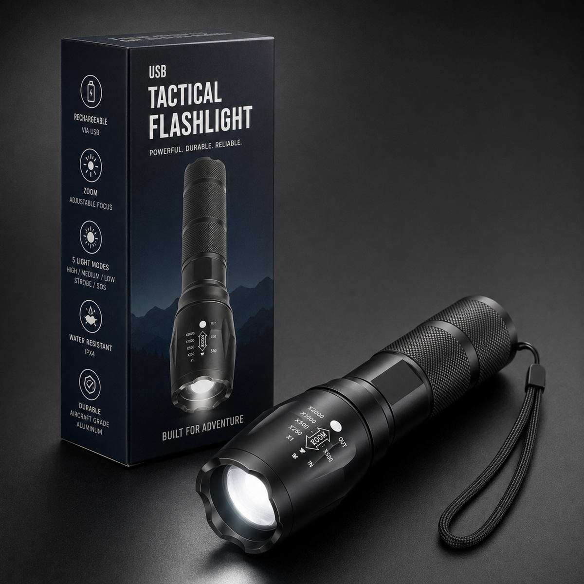 High Power LED Flashlight with Adjustable Zoom and Multi Mode Lighting