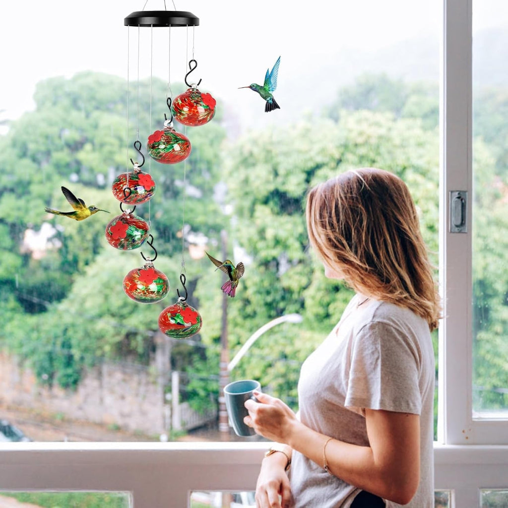 Hummingbird Feeder Wind Chime Hanging Garden Decor with Multiple Feeding Spots