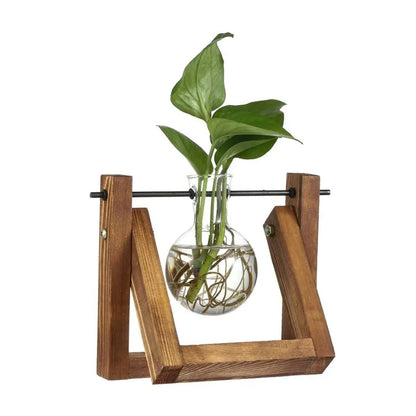 Hydroponic Plant Pot Glass Vase With Wooden Stand Indoor Plant Holder Tabletop Planter