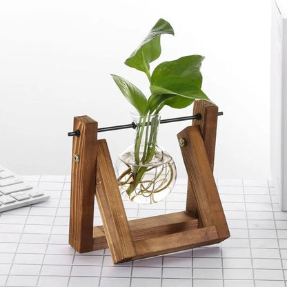 Hydroponic Plant Pot Glass Vase With Wooden Stand Indoor Plant Holder Tabletop Planter