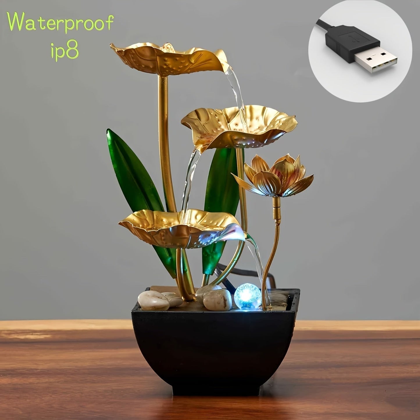 Indoor Water Fountain Lotus Design LED Tabletop Decor Feature
