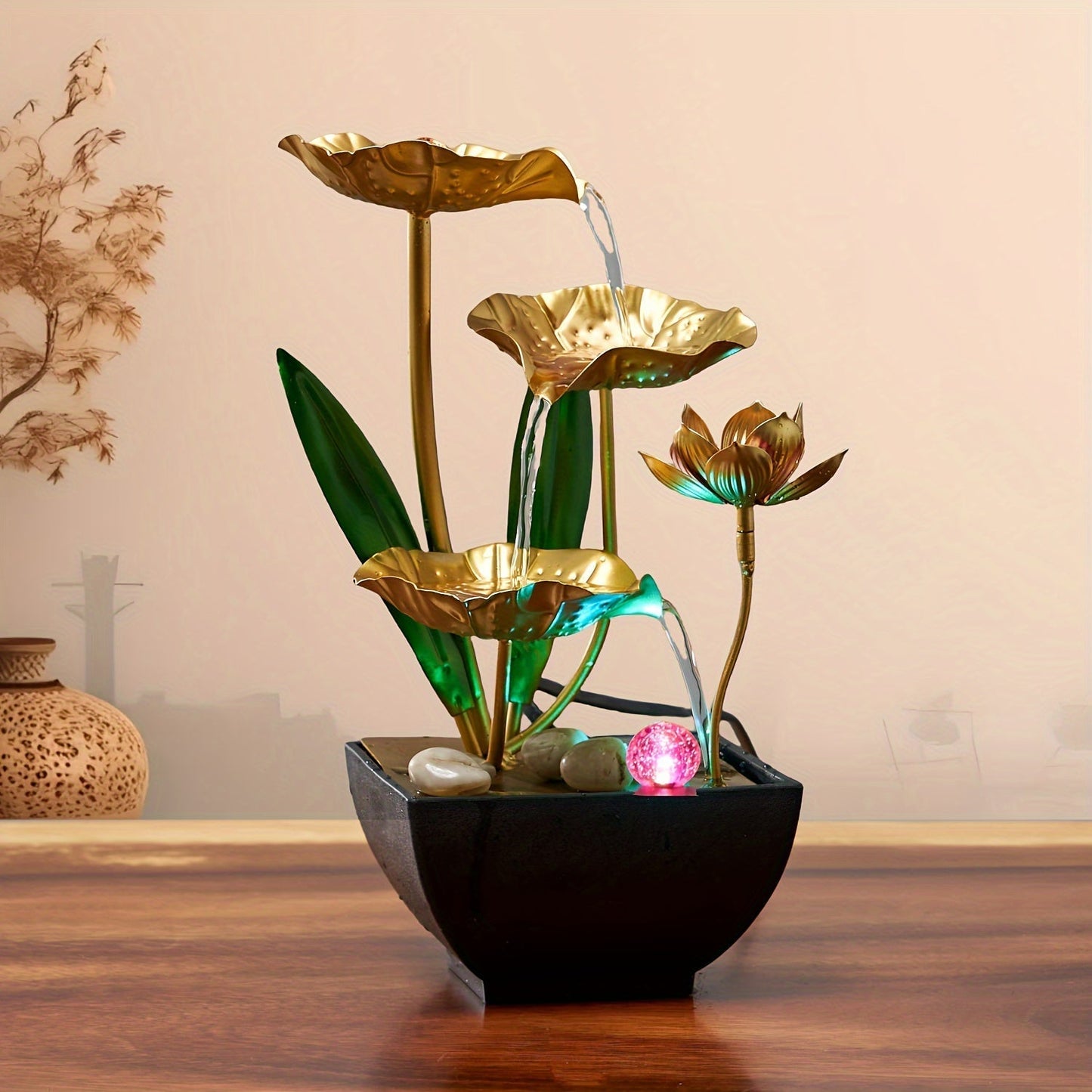 Indoor Water Fountain Lotus Design LED Tabletop Decor Feature