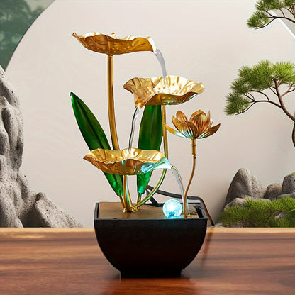 Indoor Water Fountain Lotus Design LED Tabletop Decor Feature