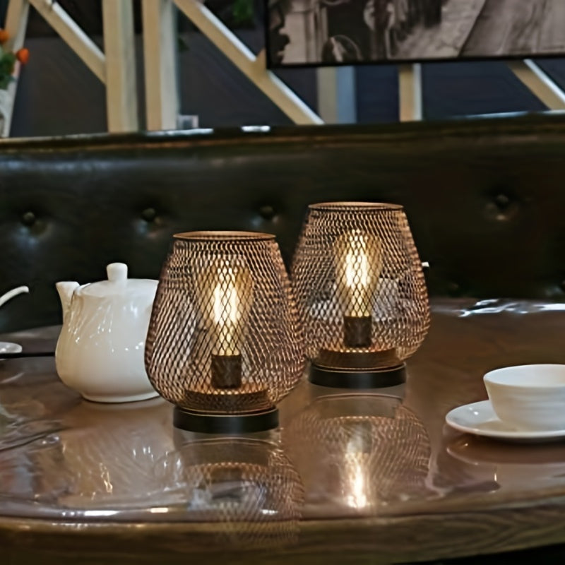 Industrial Mesh Table Lamp Set Metal LED Bedside Lighting Decor
