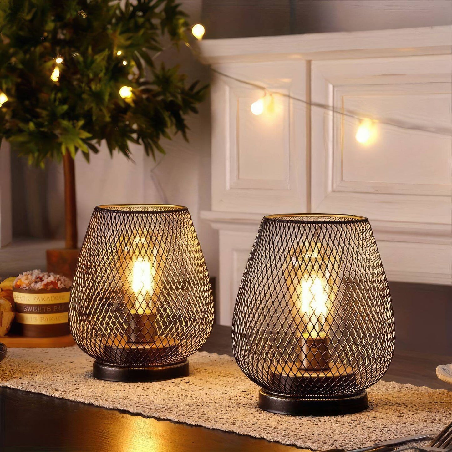 Industrial Mesh Table Lamp Set Metal LED Bedside Lighting Decor