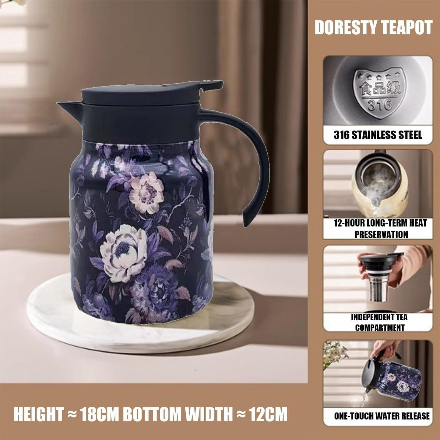 Insulated Tea Pot With Built In Infuser Stainless Steel Thermal Teapot