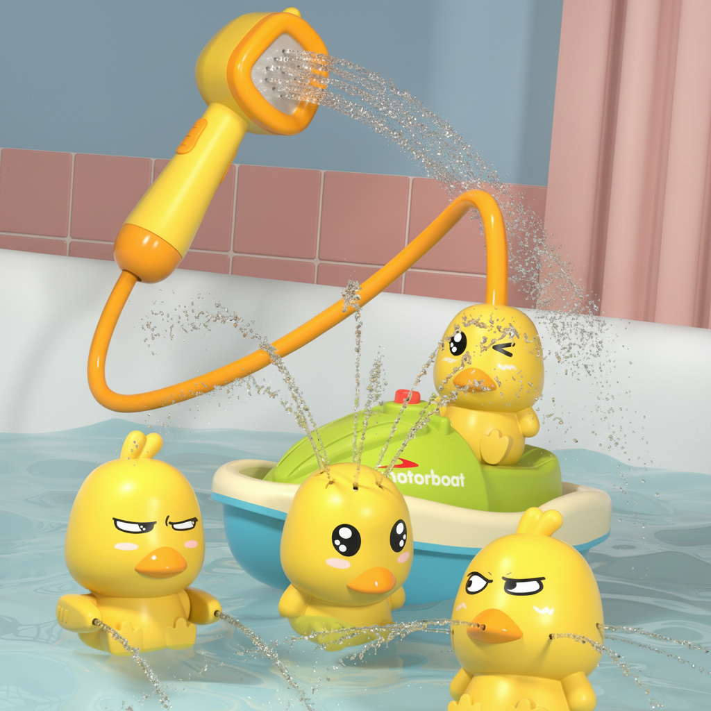 Interactive Baby Bath Toy Set with Water Spraying Ducks and Motorboat