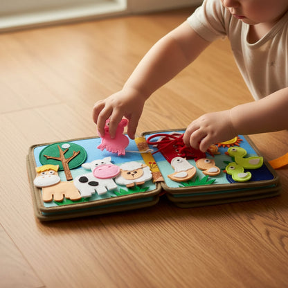 Interaktiv stillebog i filt, Montessori-læringslegetøj