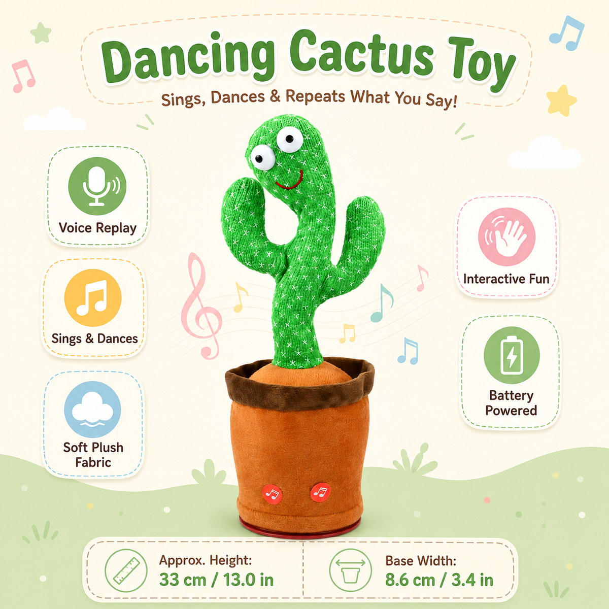 Interactive Talking Cactus Plush Toy with Voice Imitation, Music and Dancing