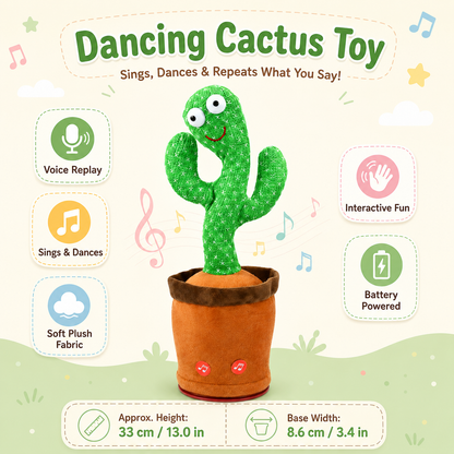 Interactive Talking Cactus Plush Toy with Voice Imitation, Music and Dancing