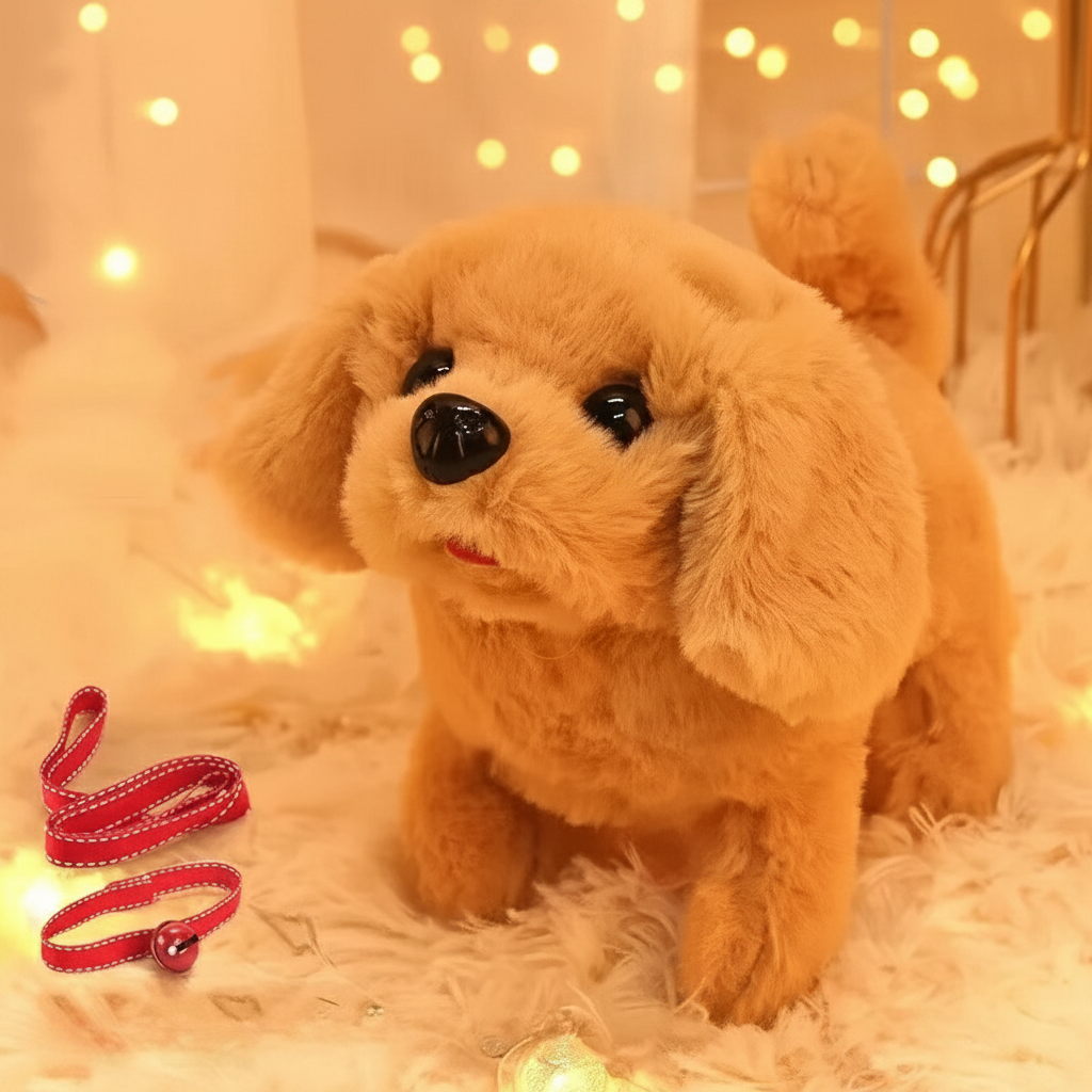 Interactief lopend pluchen puppyknuffel met blaffende en kwispelende staart