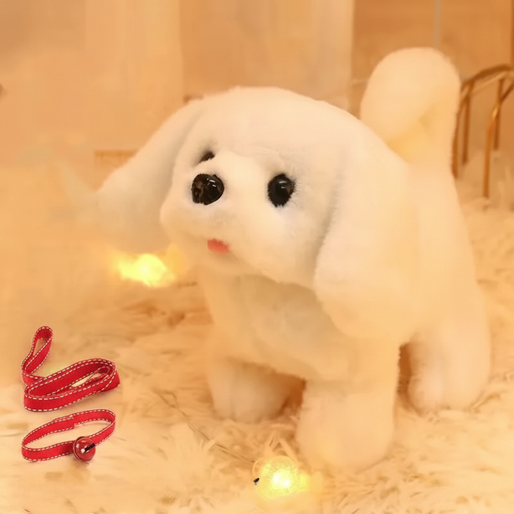 Interactief lopend pluchen puppyknuffel met blaffende en kwispelende staart