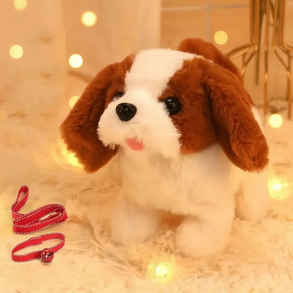 Interactief lopend pluchen puppyknuffel met blaffende en kwispelende staart