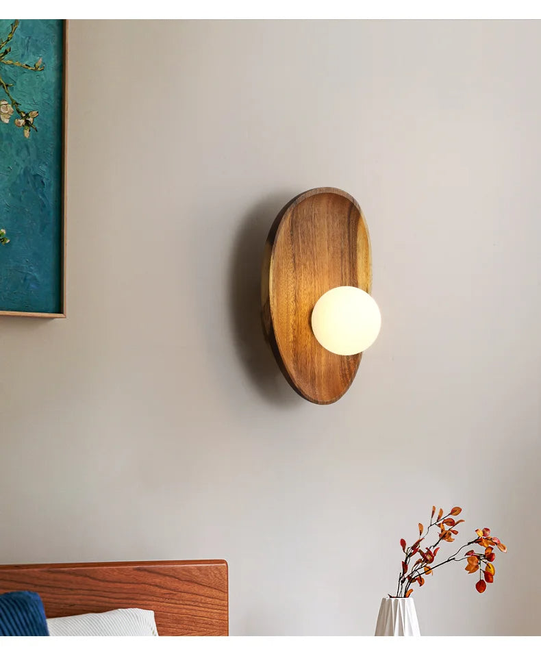 Japandi Wooden Wall Lamp Opal Glass Bedroom Hallway Lighting