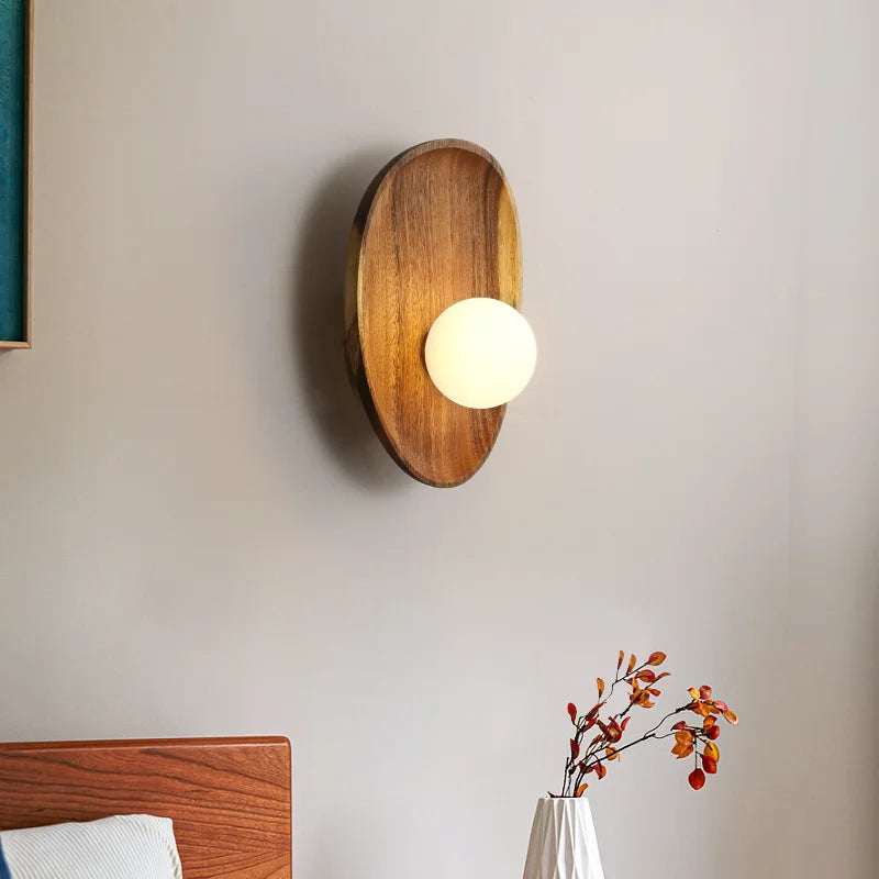 Japandi Wooden Wall Lamp Opal Glass Bedroom Hallway Lighting