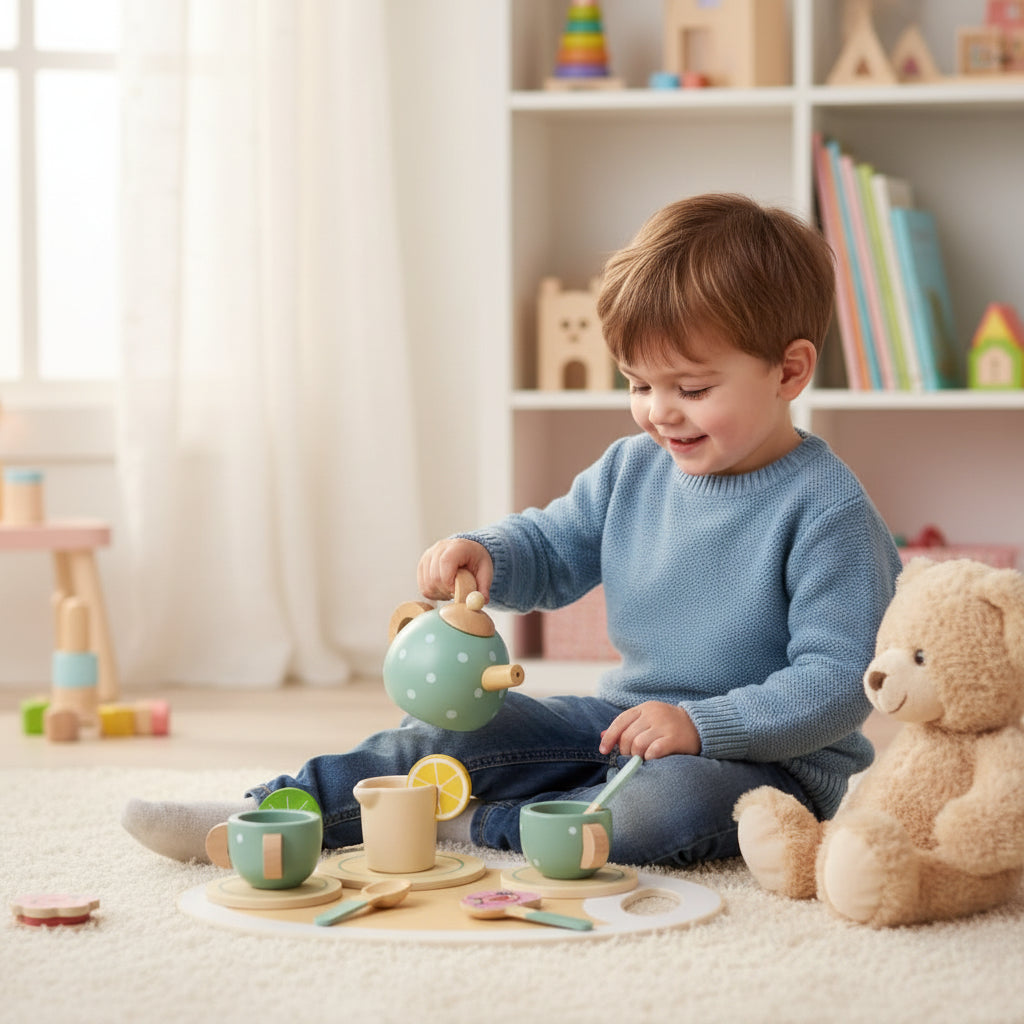 Kids Wooden Tea Set Pretend Play Fine Motor Skills Toy