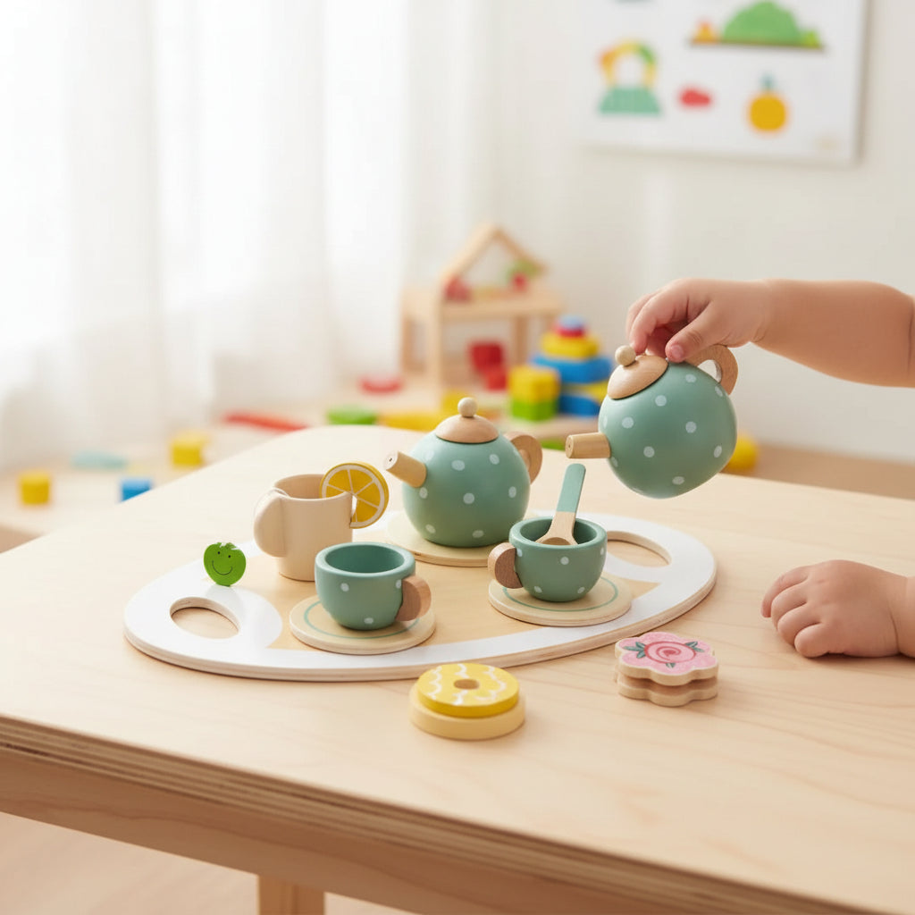 Kids Wooden Tea Set Pretend Play Fine Motor Skills Toy