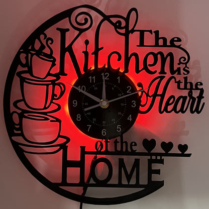 Kitchen Wall Clock Decorative Coffee Theme LED Light Home Decor