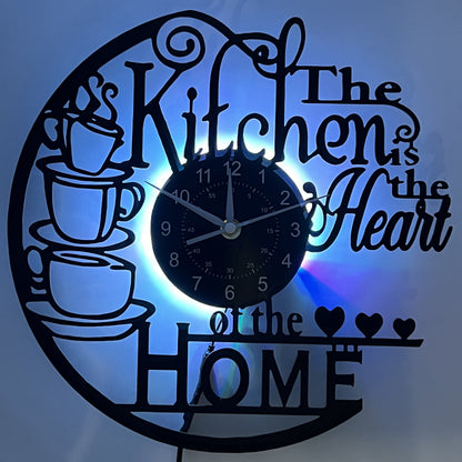 Kitchen Wall Clock Decorative Coffee Theme LED Light Home Decor