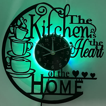 Kitchen Wall Clock Decorative Coffee Theme LED Light Home Decor