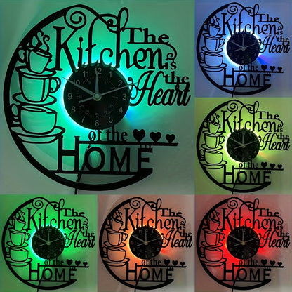 Kitchen Wall Clock Decorative Coffee Theme LED Light Home Decor