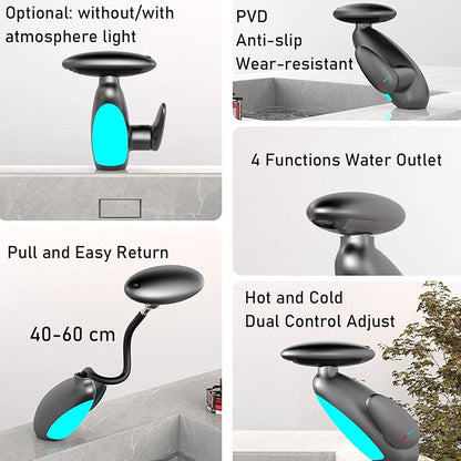 LED Bathroom Faucet Pull Out Sink Tap Temperature Sensor 4 Spray Modes