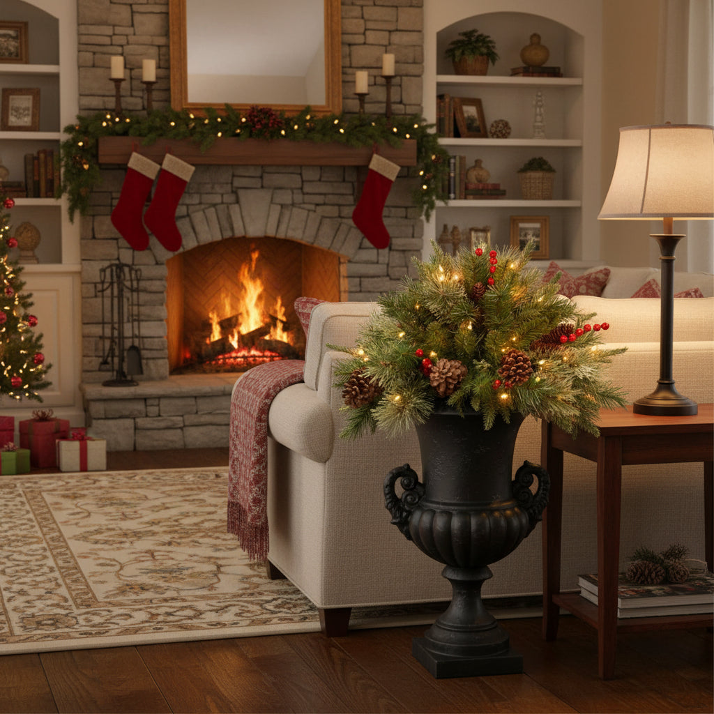 LED Evergreen Urn Filler Pre Lit Holiday Decoration