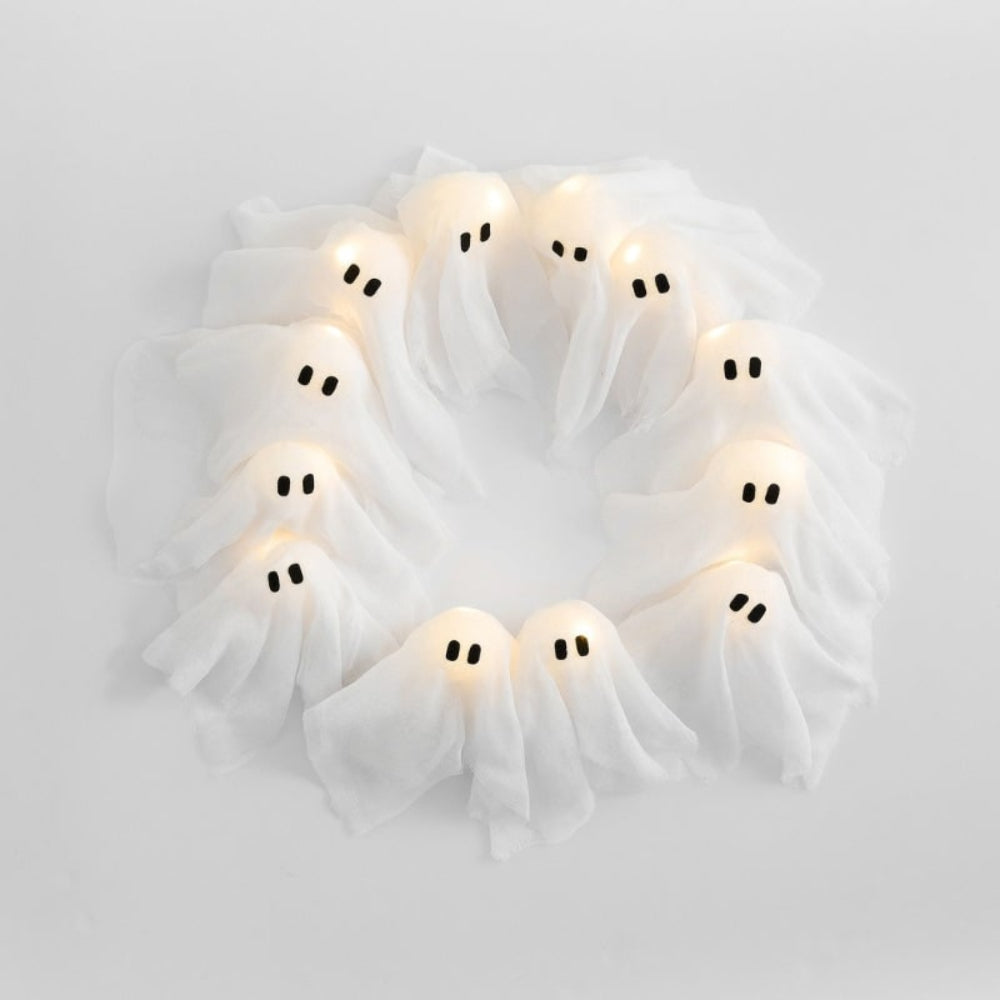 Led-halloweenkrans met spookje, op batterijen werkende deur- en wanddecoratie