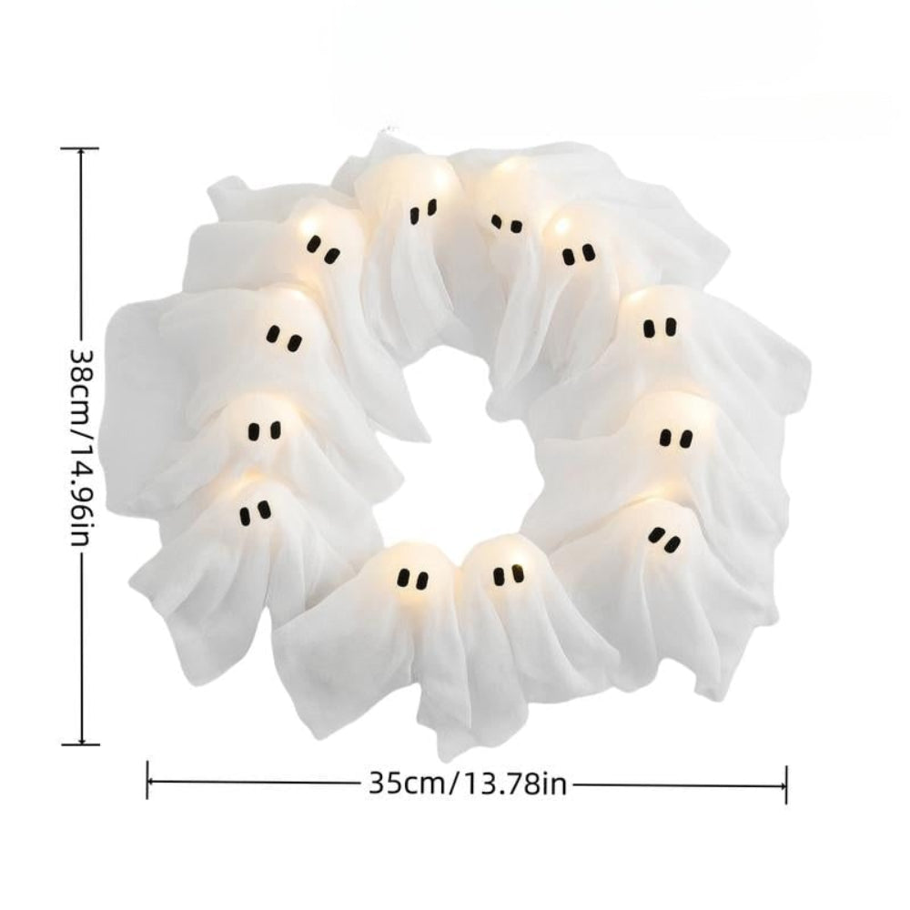 Led-halloweenkrans met spookje, op batterijen werkende deur- en wanddecoratie