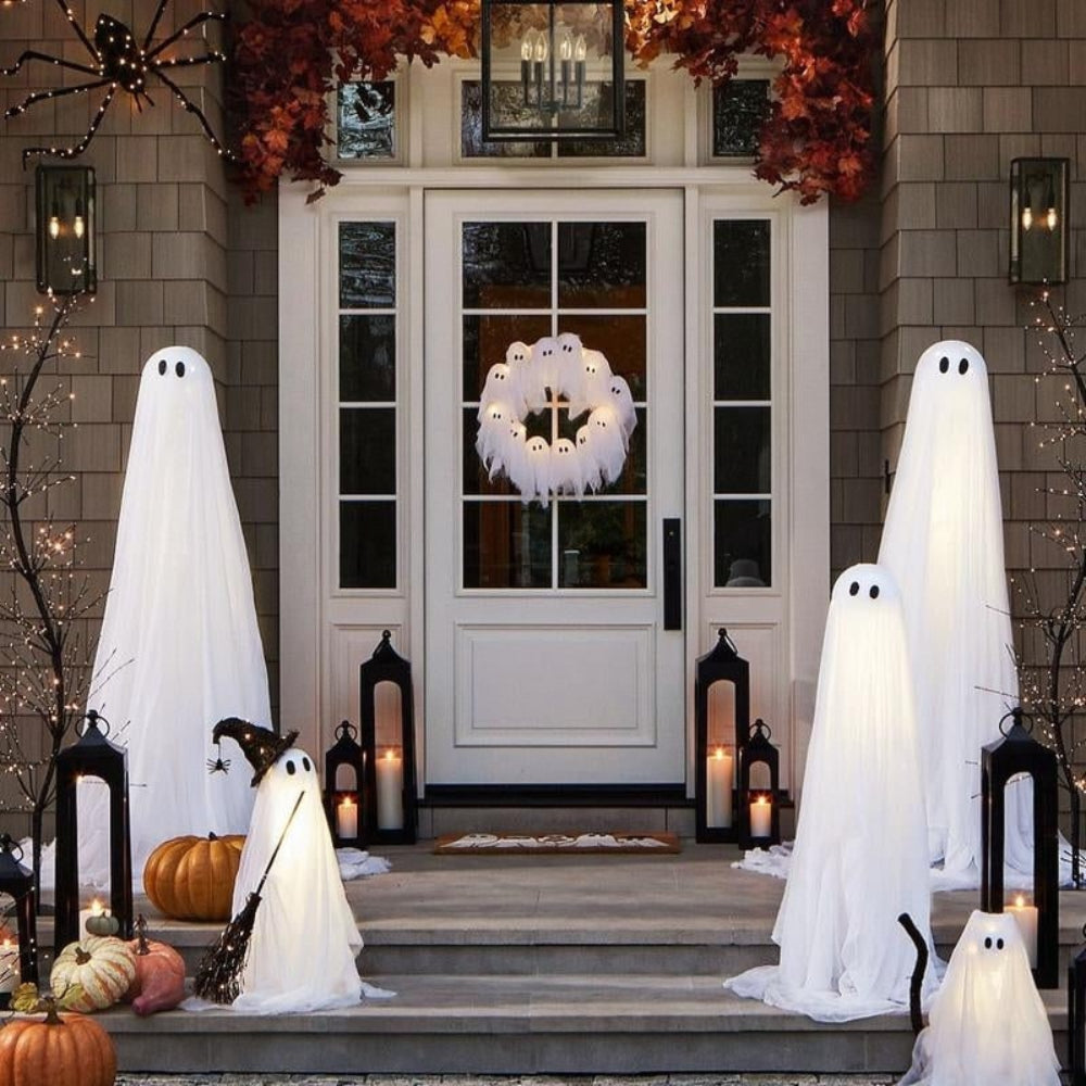 Led-halloweenkrans met spookje, op batterijen werkende deur- en wanddecoratie