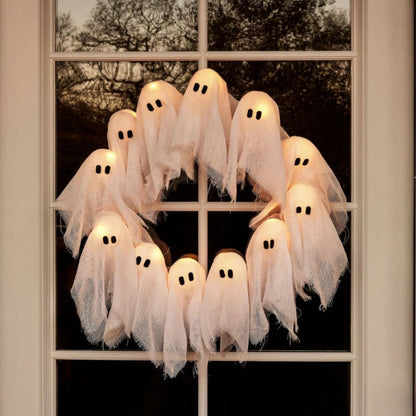 Led-halloweenkrans met spookje, op batterijen werkende deur- en wanddecoratie