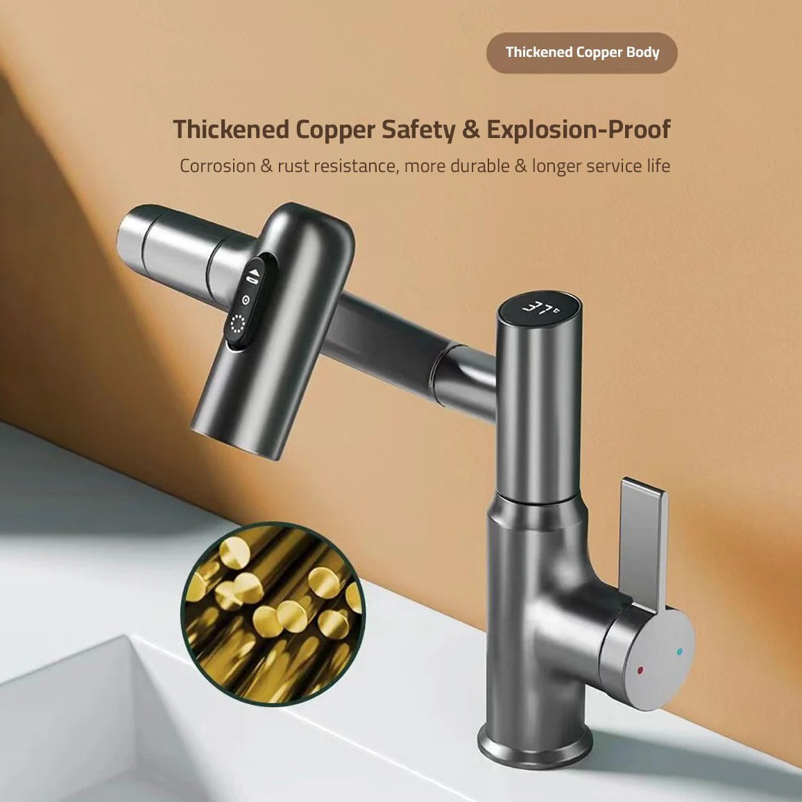 LED Kitchen Faucet 360 Swivel Tap Temperature Display Sink Mixer