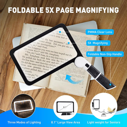 LED Magnifying Glass 5X Foldable Handheld Magnifier Reading Inspection Tool