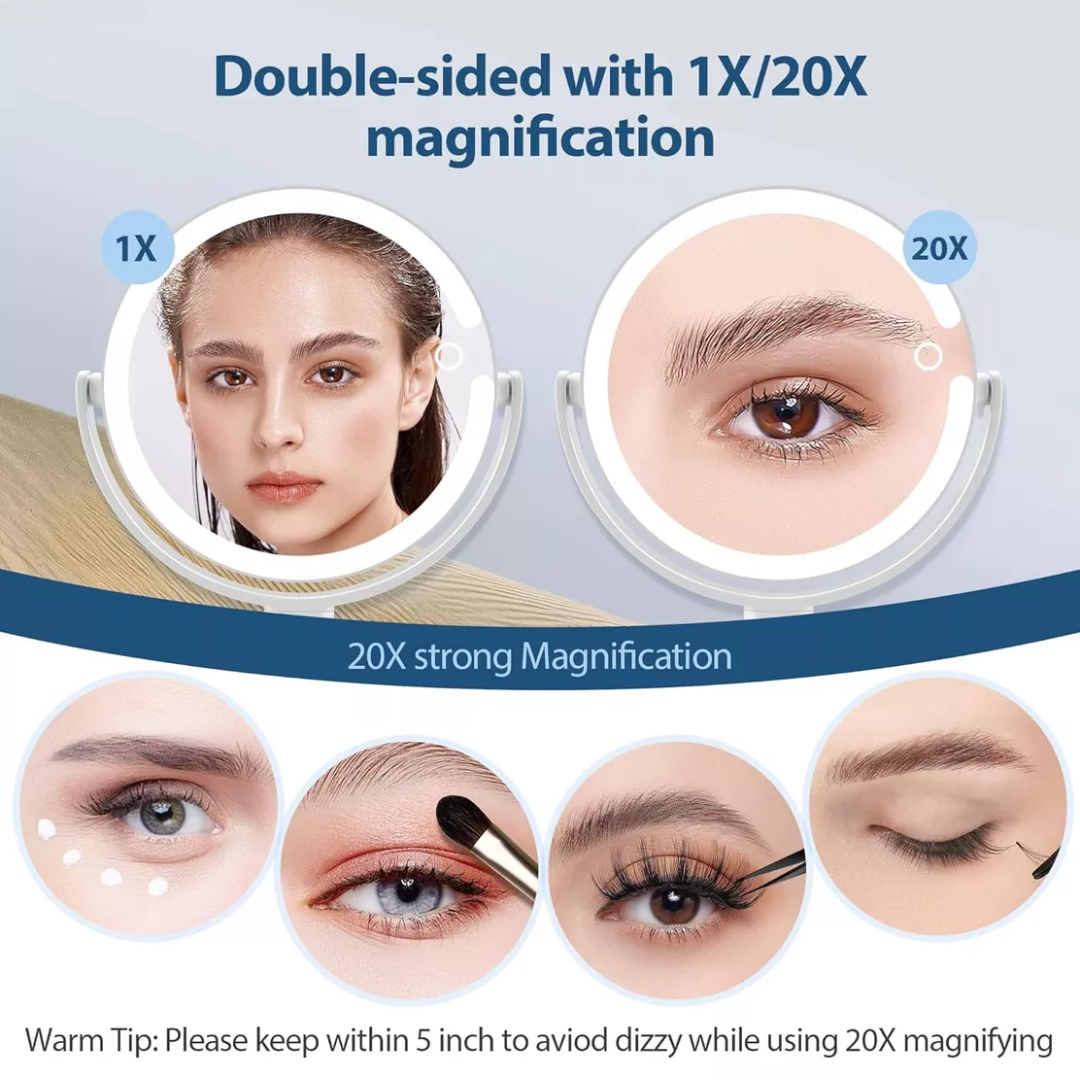 LED Makeup Mirror with 20X Magnification and Adjustable Brightness