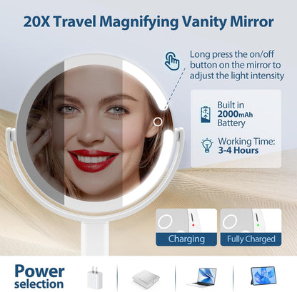 LED Makeup Mirror with 20X Magnification and Adjustable Brightness