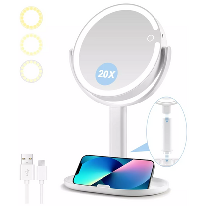 LED Makeup Mirror with 20X Magnification and Adjustable Brightness