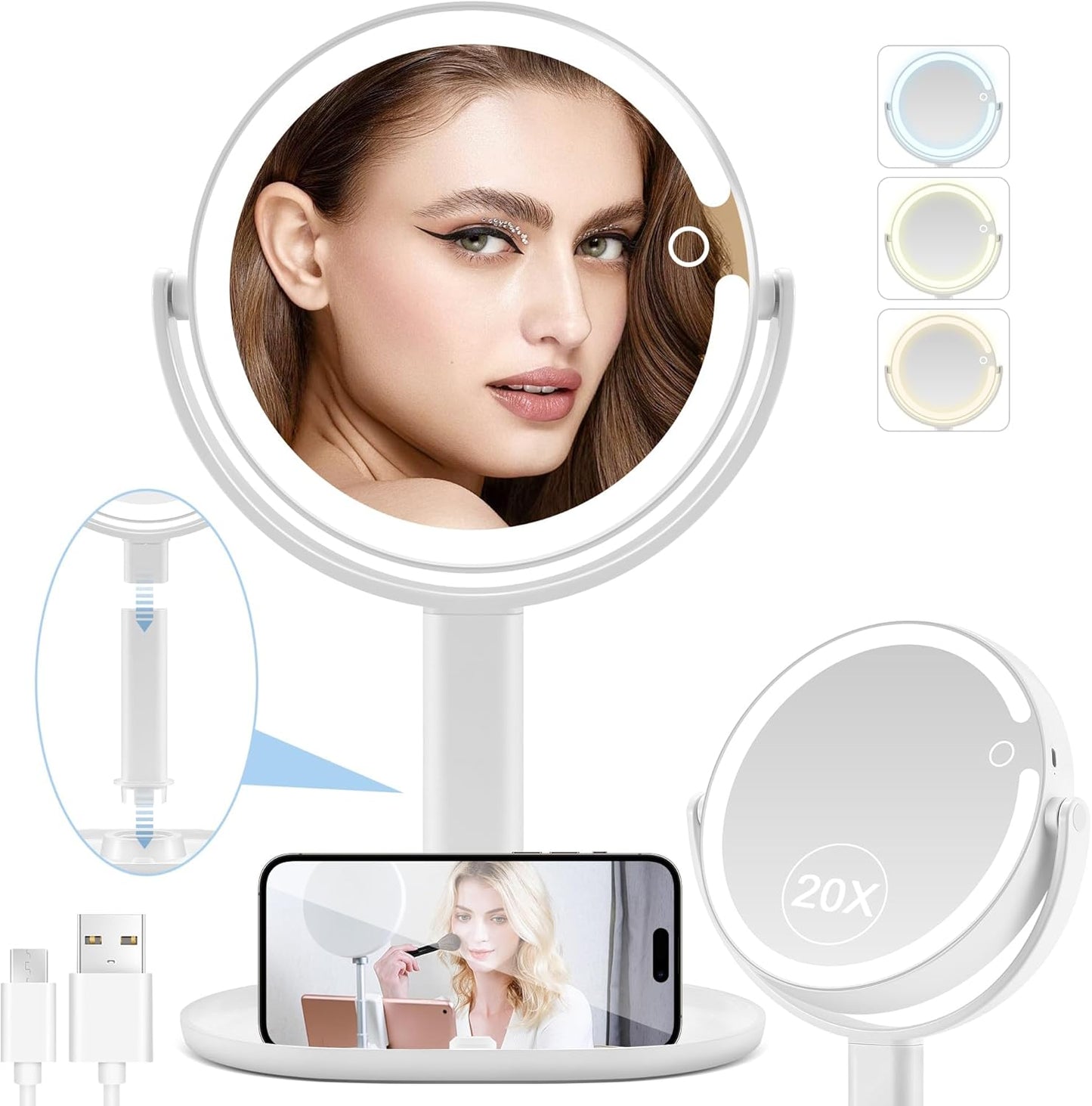 LED Makeup Mirror with 20X Magnification and Adjustable Brightness