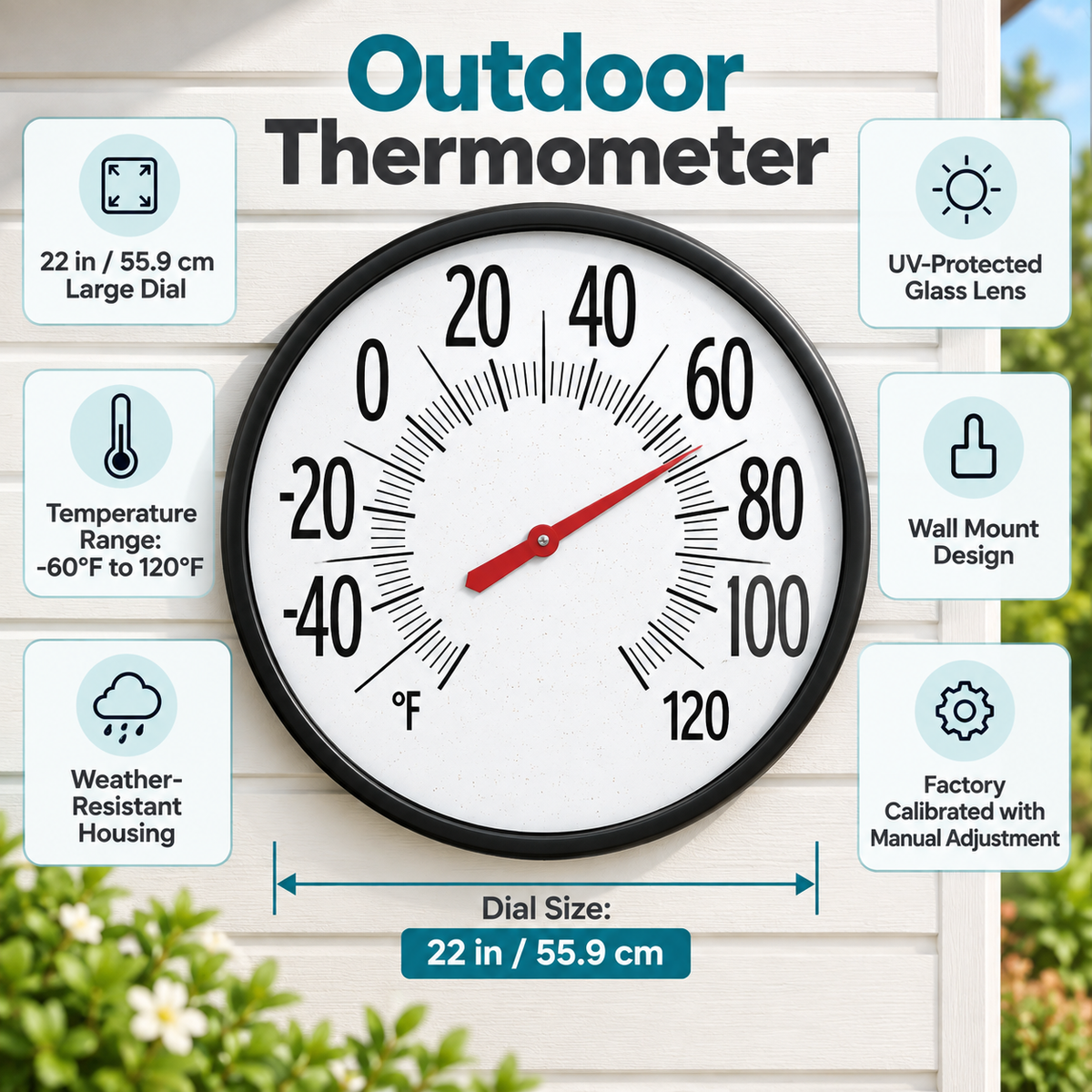 Large Dial Weatherproof Outdoor Thermometer for Wall Mounting
