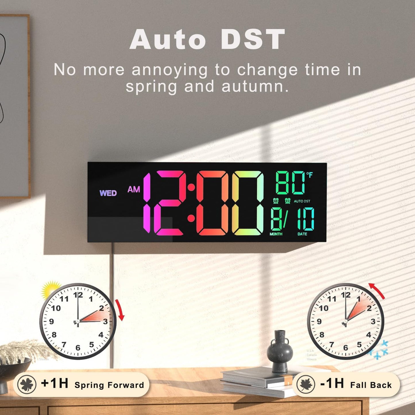 Large LED Digital Wall Clock Remote Control Multi Function Display