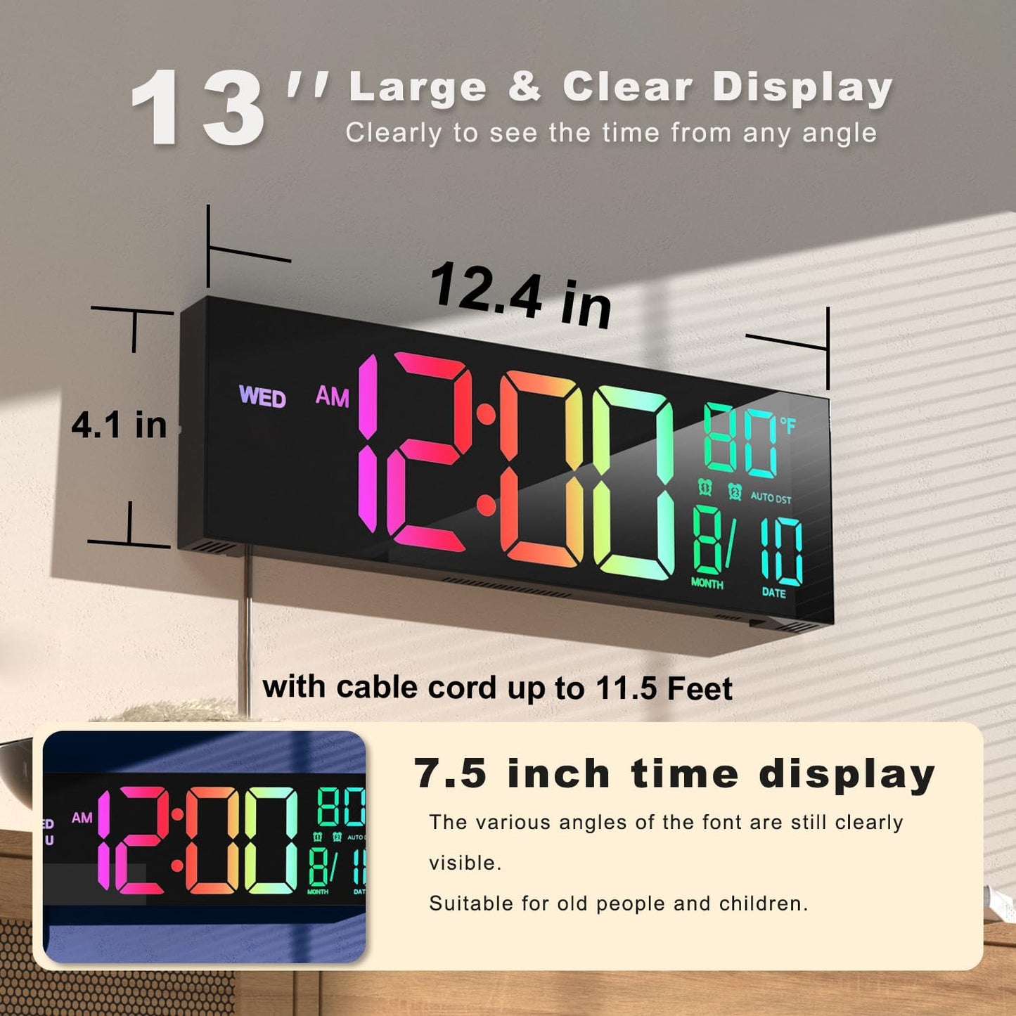 Large LED Digital Wall Clock Remote Control Multi Function Display