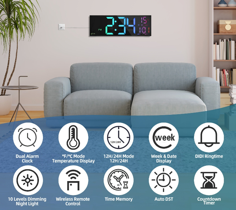 Large LED Digital Wall Clock Remote Control Multi Function Display