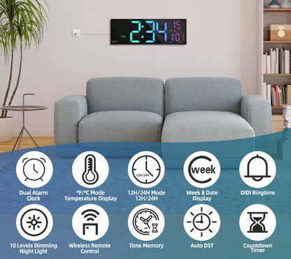 Large LED Digital Wall Clock Remote Control Multi Function Display