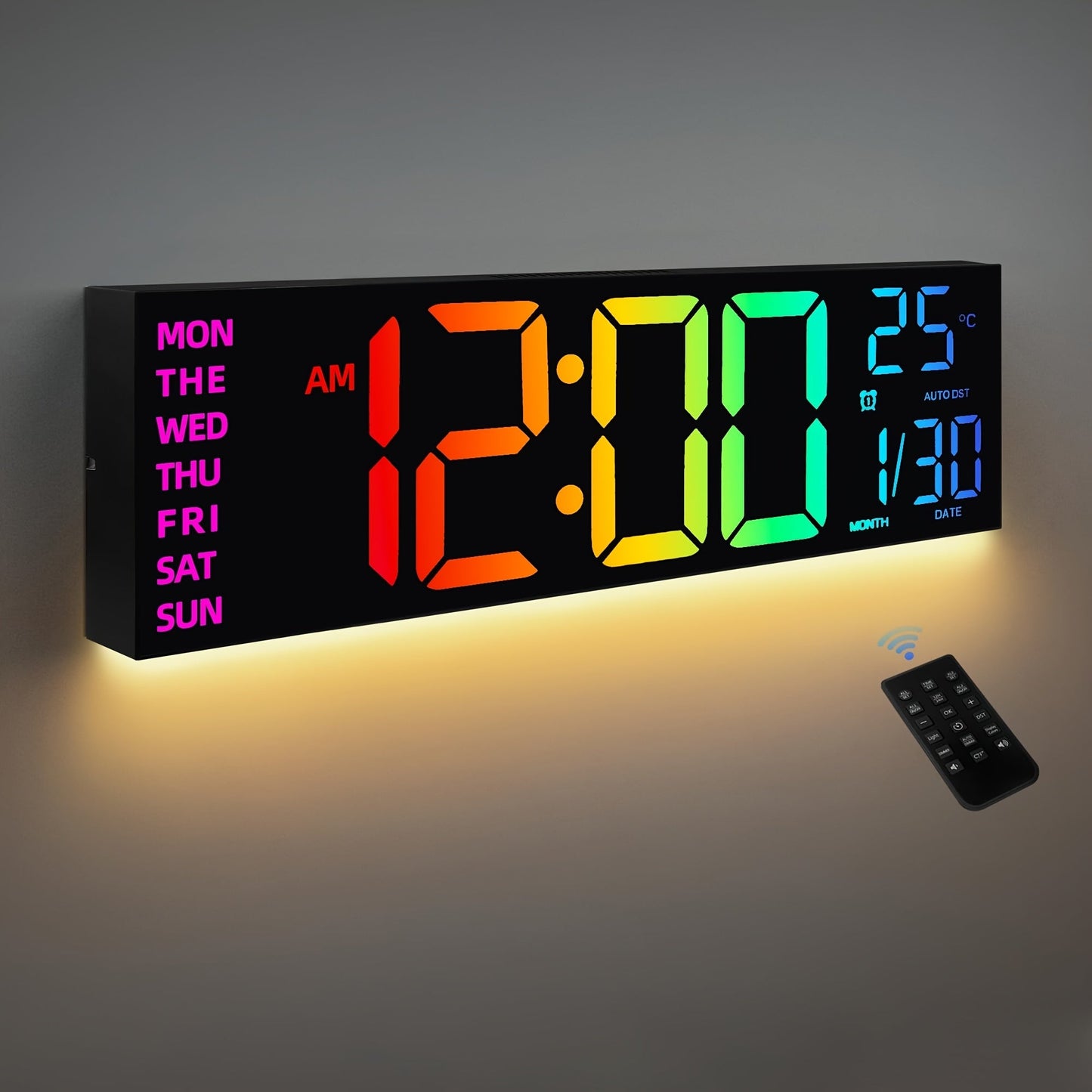 Large LED Digital Wall Clock Remote Control Multi Function Display