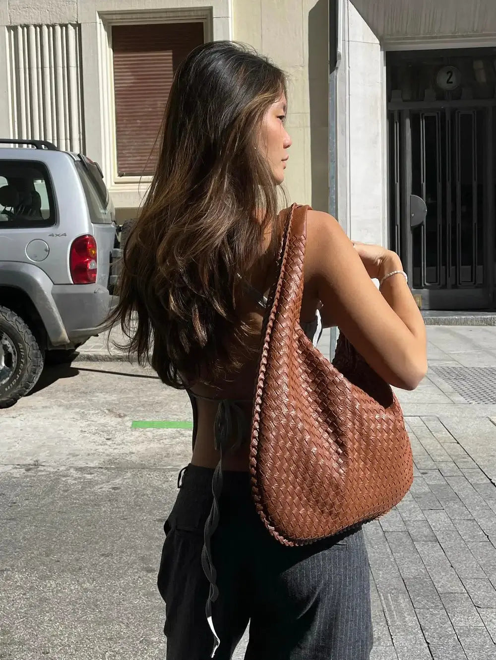 Large Woven Shoulder Bag Soft Vegan Leather Tote