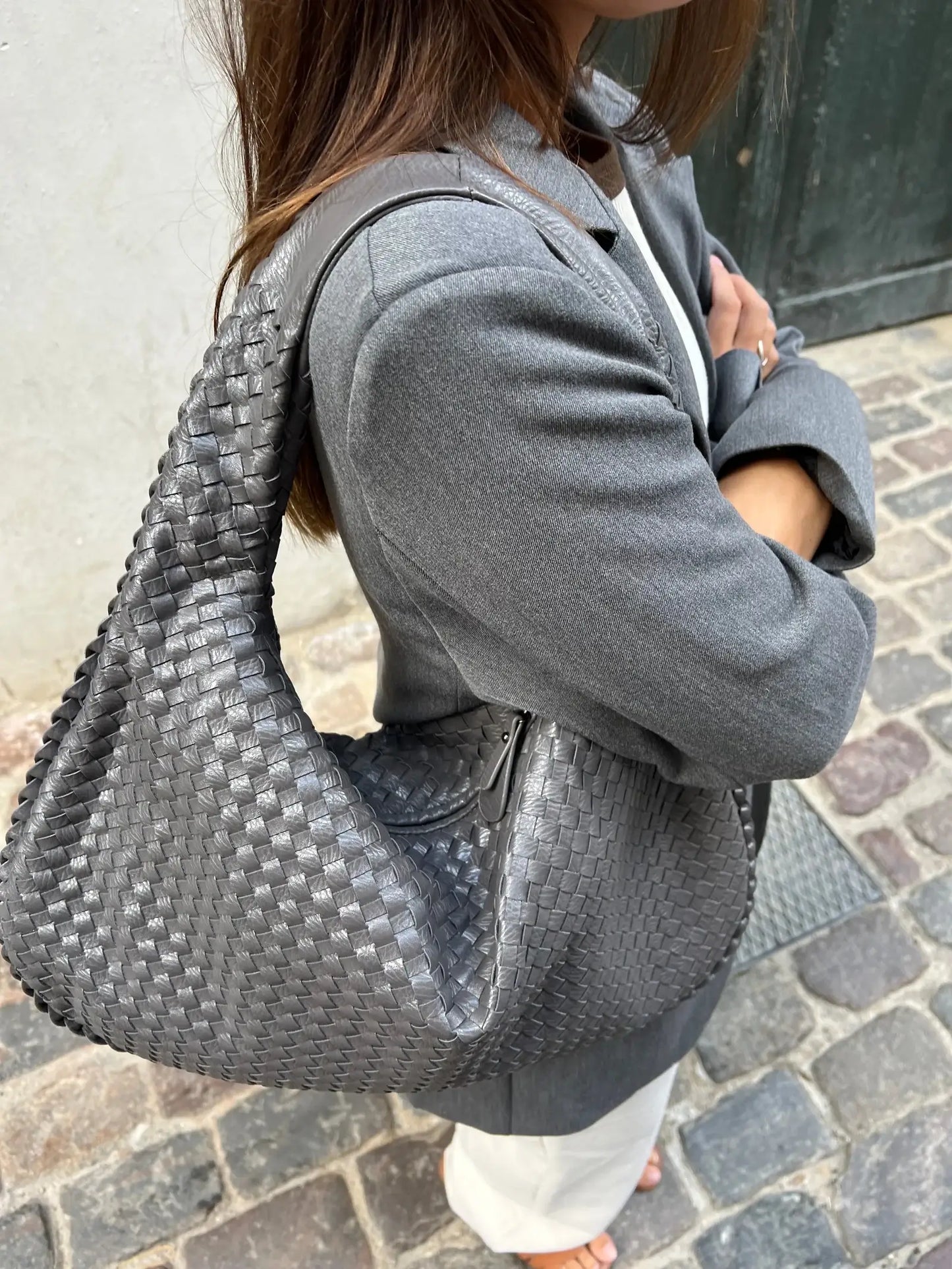 Large Woven Shoulder Bag Soft Vegan Leather Tote