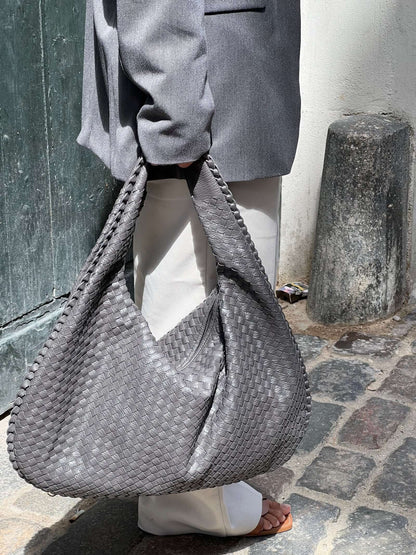 Large Woven Shoulder Bag Soft Vegan Leather Tote
