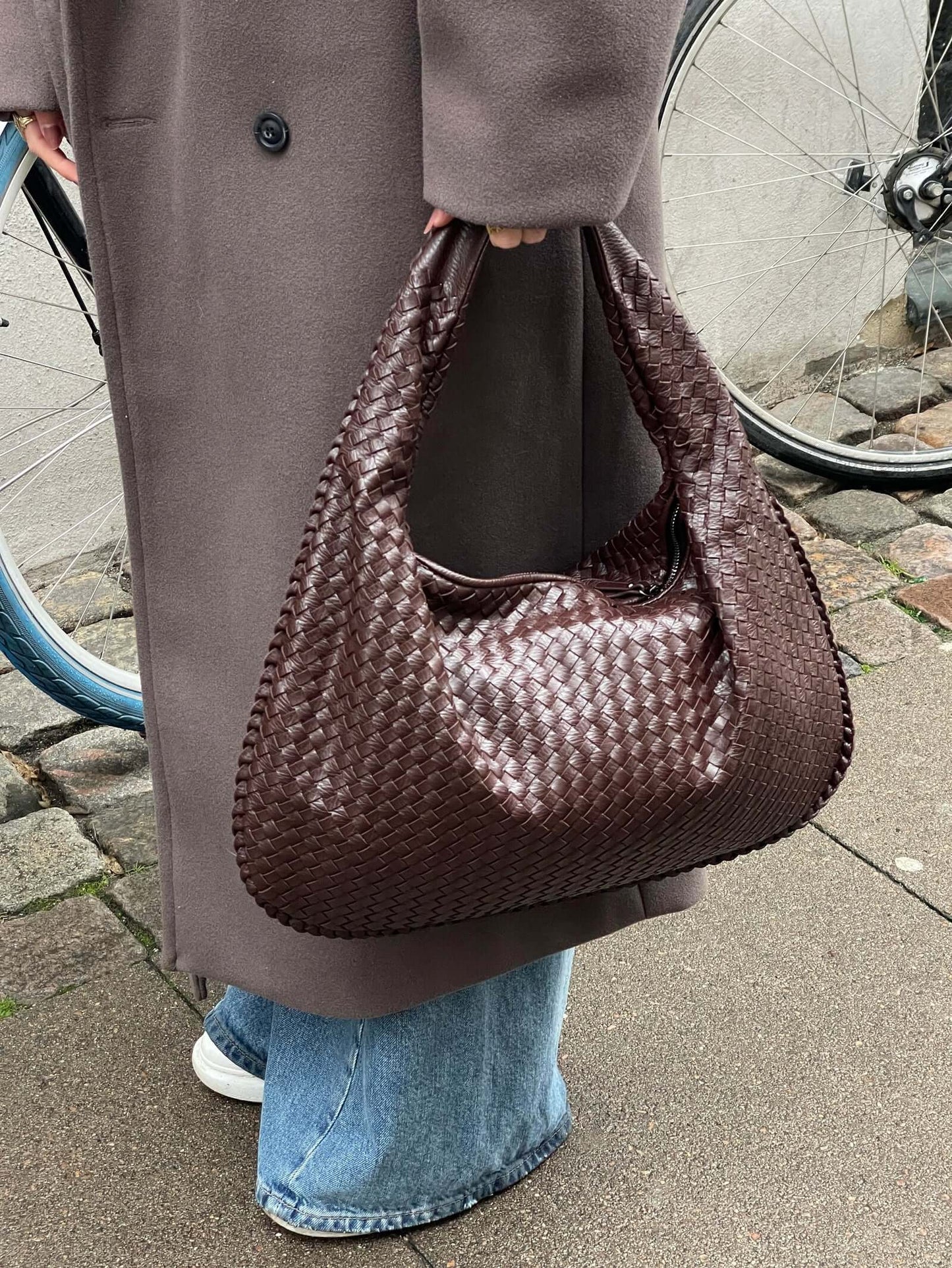 Large Woven Shoulder Bag Soft Vegan Leather Tote