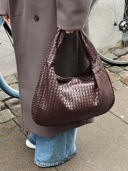 Large Woven Shoulder Bag Soft Vegan Leather Tote
